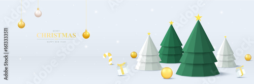 Merry christmas banner or New Year background with christmas tree and decoration balls. Festive holiday illustration. perfect for greeting cards, banner, and seasonal promotion