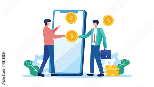 Two people transferring money through a mobile phone app in a digital transaction scene