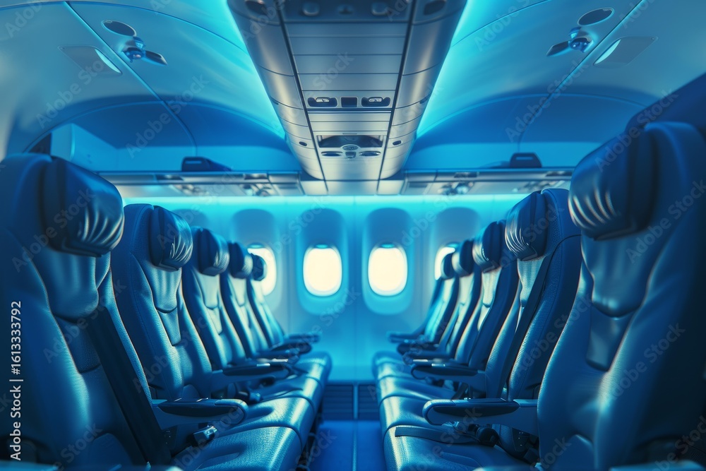 Fototapeta premium Rows of empty airplane seats illuminated by blue light create a calming atmosphere for passengers preparing for a comfortable flight