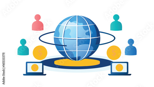 Global network connecting people and devices with laptops and digital currency across the world map