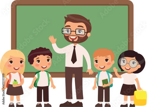 Teacher with pupils in classroom flat vector illustration. Boys and girls dressed in school uniform and male teacher standing near blackboard cartoon characters. Happy primary school students