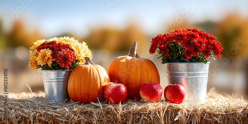 Pumpkins, red and yellow flowers in metal pots and apples lie on dry straw outdoors, against a backdrop of blurred autumn trees. Harvest scene, seasonal, holiday or Thanksgiving backdrop.