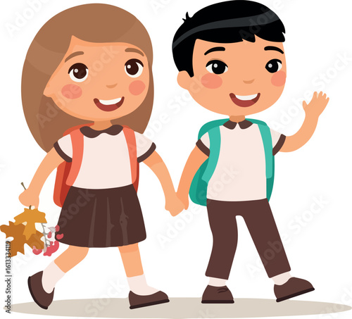 Schoolmates going to school flat vector illustration