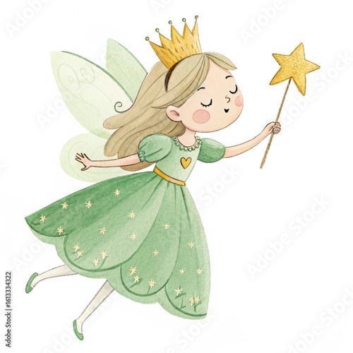 watercolor little fairy with magic wand Watercolor illustration for children's books, postcards and holiday invitations. A symbol of magic and childhood.