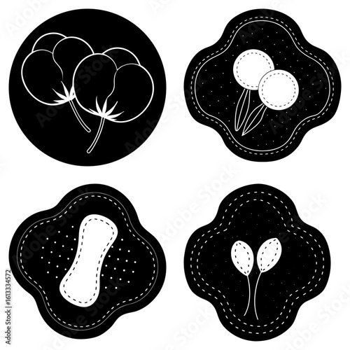 Illustration showing cotton flowers, cotton buds, and a sanitary pad in black and white decorative shapes