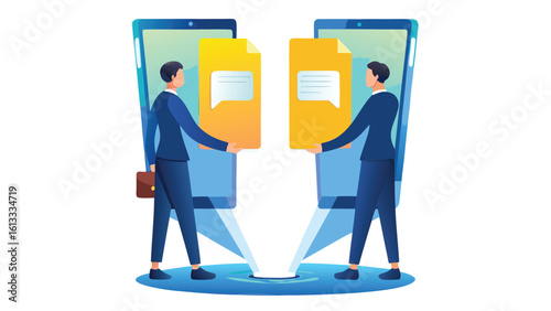 Two business men transferring yellow document files between mobile phones with a light beam effect