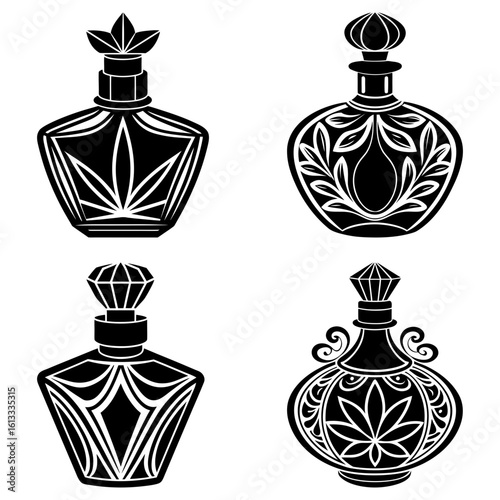 Four ornate perfume bottles in black and white with decorative stoppers and intricate designs displayed
