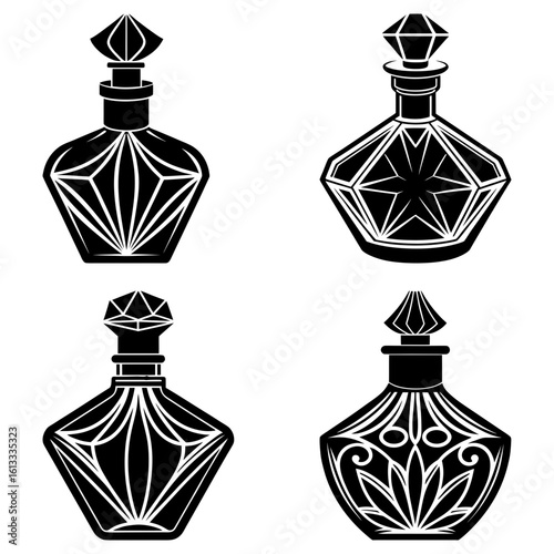Illustration of four black and white perfume bottles with decorative geometric patterns and diamond shaped stoppers