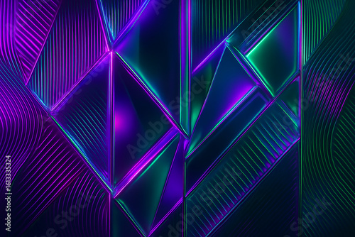 Vibrant neon light cascades through ribbed glass patterns, merging purple and green hues in a futuristic digital fractal with chromatic brilliance.