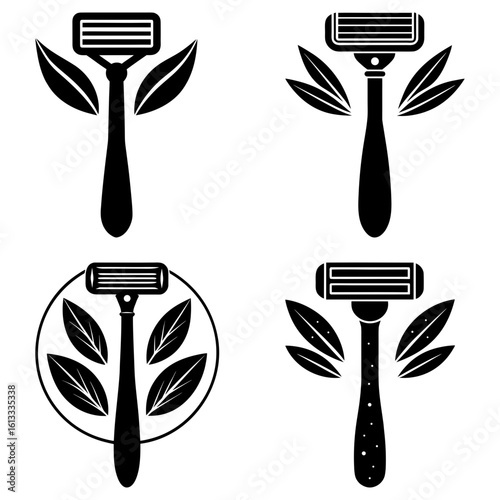 Four razor illustrations with leaves in black and white showing different arrangements and handle designs