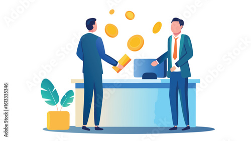 Two business people exchanging money with coins floating above a desk in a financial transaction