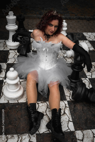 Striking queen of the chessboard embodies power and elegance in a unique fashion statement on a bold and intricate set