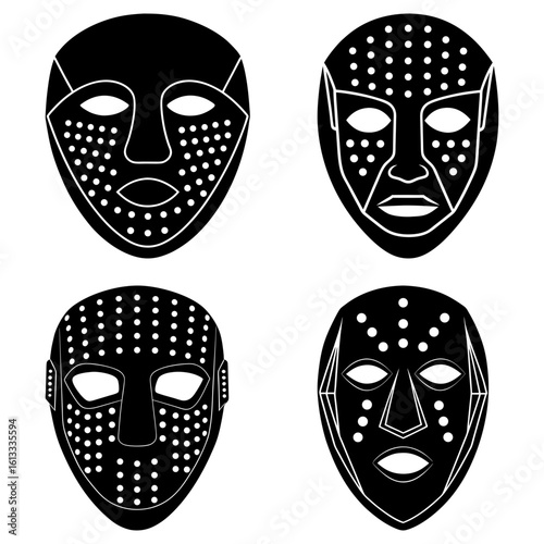 Illustration of four black and white tribal masks with unique designs and dot patterns on a white background