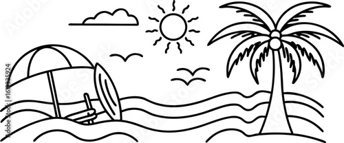 Vector Illustration Beach Scene Palm Trees