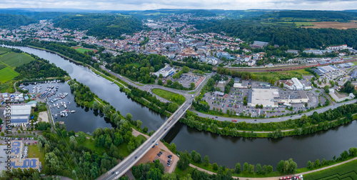 Aerial view of the city Merzig in the Germany on a sunny day in summer