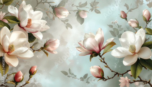 Classic East Asian Cherry Blossom and Bamboo Floral Ink Art on Traditional Rice Paper Texture Vertical Composition