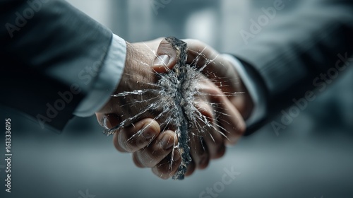 Two hands forcefully breaking through glass during an intense handshake in a blurred corporate environment with splinter