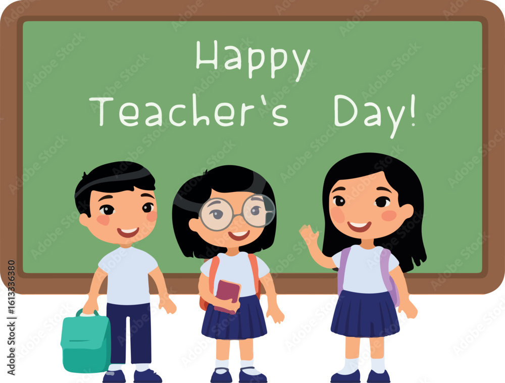 Happy teachers day greeting flat vector illustration. Smiling asianpupils standing near blackboard in classroom cartoon character. Asian schoolkids congratulate teachers. Happy teachers day greeting flat vector illustration. Smiling asianpupils standing near blackboard in classroom cartoon character. Asian schoolkids congratulate teachers.