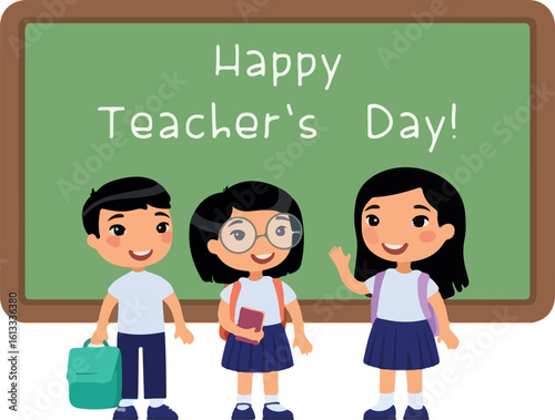 Happy teachers day greeting flat vector illustration. Smiling asianpupils standing near blackboard in classroom cartoon character. Asian schoolkids congratulate teachers.