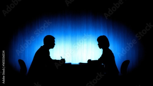 Two silhouetted figures sit at an office desk, one holding a pen while signing documents,