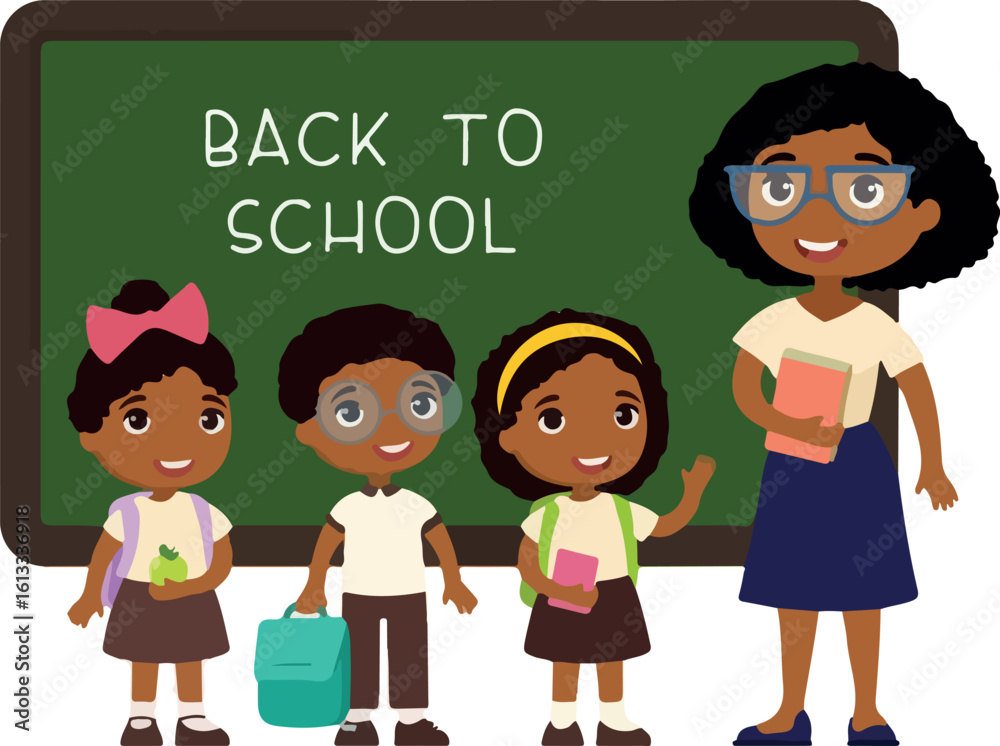 Teacher greeting pupils in classroom flat vector illustration. Boys and girls dressed in school uniform and female teacher pointing at blackboard cartoon characters. Primary students back to school Teacher greeting pupils in classroom flat vector illustration. Boys and girls dressed in school uniform and female teacher pointing at blackboard cartoon characters. Primary students back to school