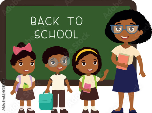 Teacher greeting pupils in classroom flat vector illustration. Boys and girls dressed in school uniform and female teacher pointing at blackboard cartoon characters. Primary students back to school