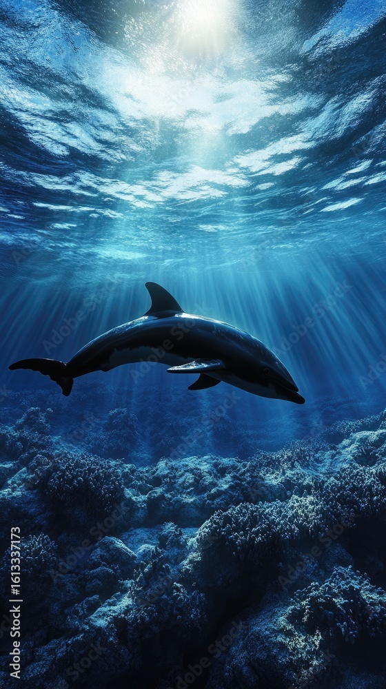 Obraz premium Solitary Dolphin Gliding Through Ethereal Sun Rays in the Deep Blue