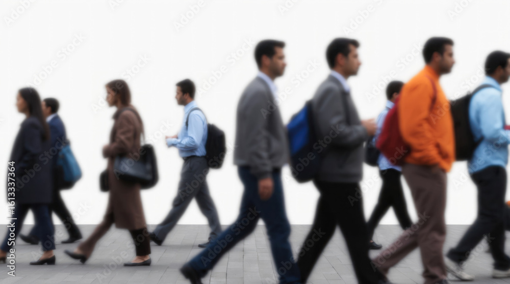 Fototapeta premium Blurred commuters walking. Side view, motion blur, urban scene, defocused.