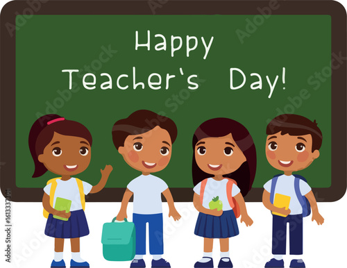 Happy teachers day greeting flat vector illustration. Dark skin schoolkids standing near blackboard in classroom cartoon character. Smiling pupils congratulate teachers. Educational holiday