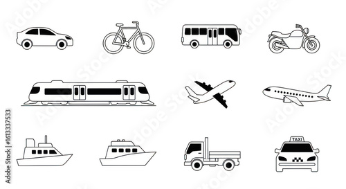 Collection of diverse white transportation vehicle icons including cars buses motorcycles trains planes boats and trucks isolated on transparent background
