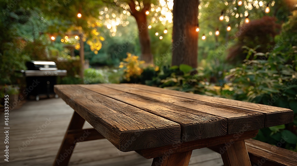 Naklejka premium Rustic wooden picnic table in a backyard with string lights