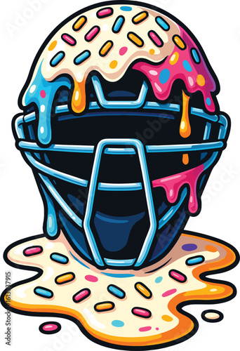 The Baseball mask is topped with dripping, glossy ice cream