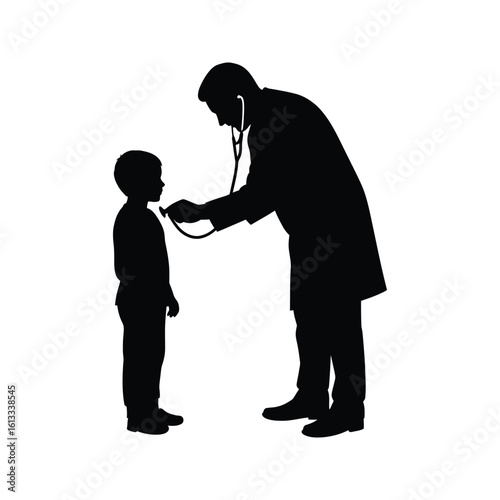Doctor examining child with stethoscope black and white silhouette vector illustration healthcare pediatrician medical checkup child health