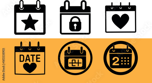 Six black calendar icons with different symbols star