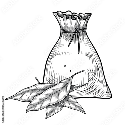Vector illustration of a tied bag with bay and oregano leaves. Outline drawing for spice blend packaging, herbal remedy branding. Black etching for vintage apothecary and botanical products.