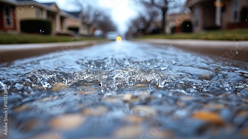 Low angle view of storm water runoff flowing down a residential street gutter