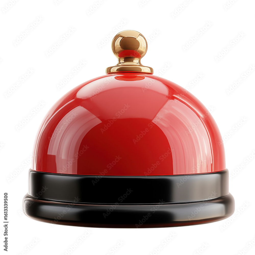 Obraz premium Service bell standing on a black base with shiny red dome, a classic symbol of hospitality and service in hotels and restaurants on transparent background