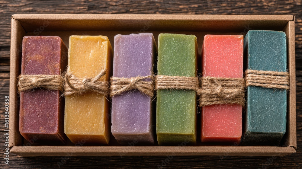 Fototapeta premium Vegan-friendly gift ideas. Colorful handmade soaps neatly arranged in a wooden box with twine.