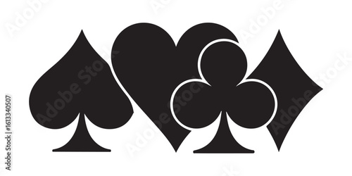 Poker card suits - hearts, clubs, spades and diamonds - on white background. Casino gambling theme vector illustration. Simple black silhouettes.