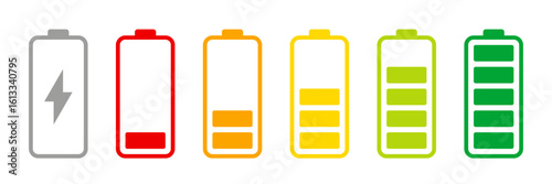 Battery level indicators. Colorful battery charge level icons. Battery power level pictograms in outline style. Vector