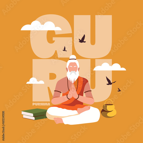 Calm meditative guru sitting under Bodhi tree.eps