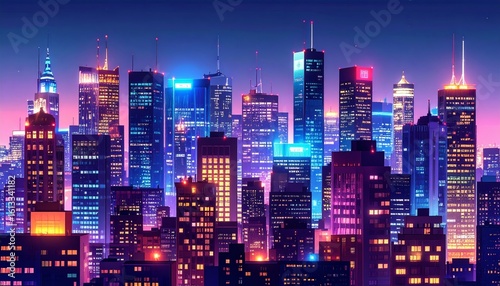 Nighttime city skyline with glowing windows and streetlights
