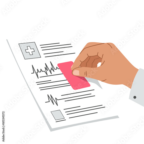 Hand holding pink sticker on medical report with heart rate graph  