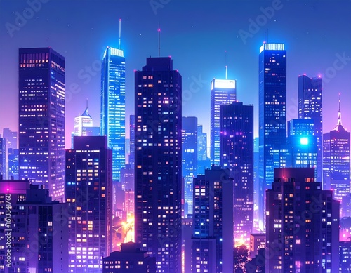 Nighttime city skyline with glowing windows and streetlights