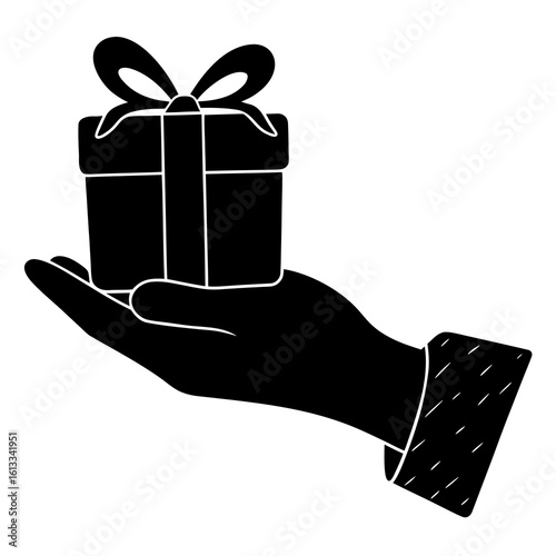 Silhouette vector illustration of a hand holding a wrapped gift