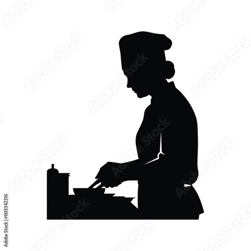 Silhouette of female chef cooking culinary arts restaurant food preparation kitchen cooking vector chef silhouette cook woman chef black and white vector illustration