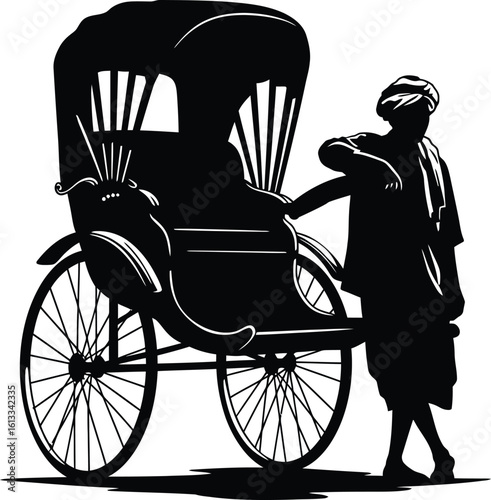 Vintage Black and White Silhouette of a Rickshaw and its Puller