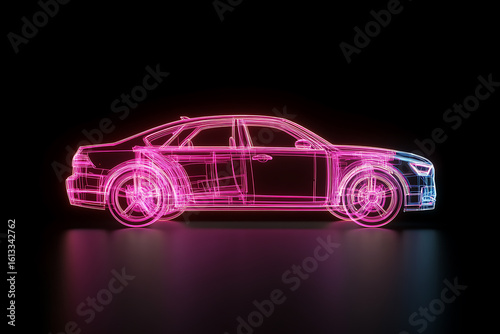 A car is seen as a luminous and transparent wireframe model, outlined in bright neon pink and blue. The futuristic concept car sits against a black backdrop.