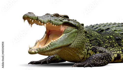 Powerful crocodile with open mouth ready to hunt isolated on white background
