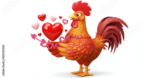 Cartoon rooster holding hearts and love
